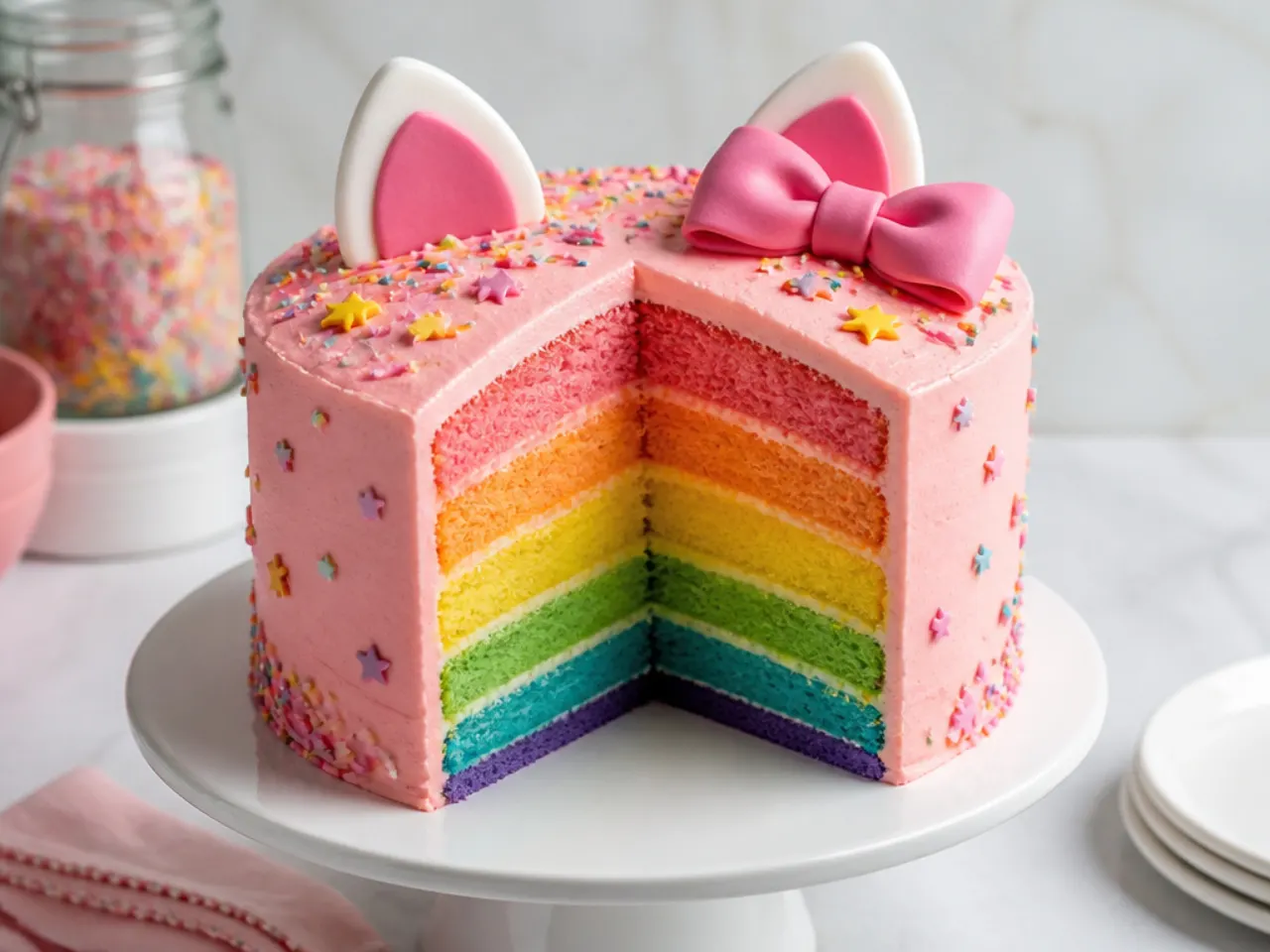 Colourful rainbow layer Hello Kitty cake idea with pink frosting and sprinkles