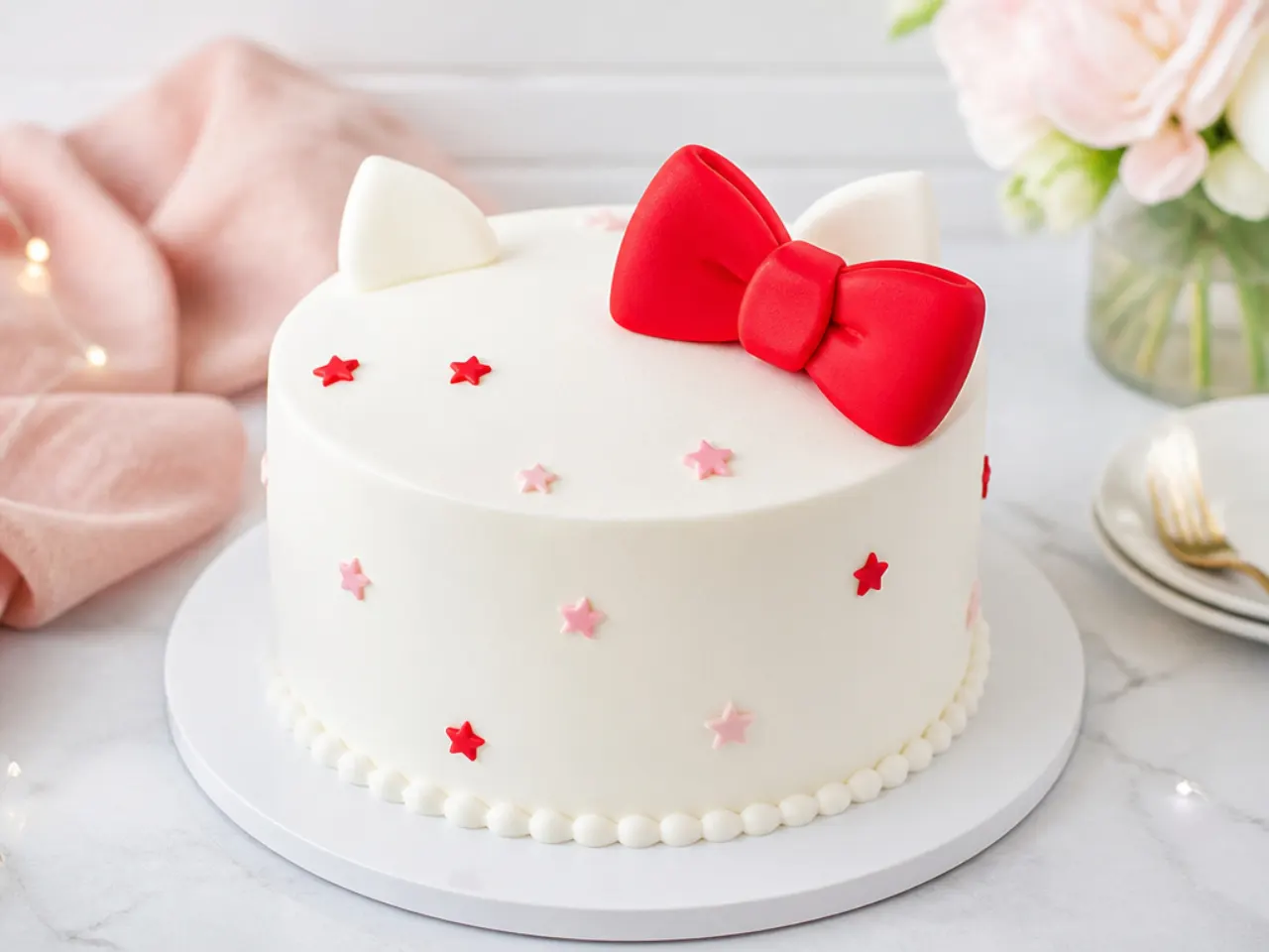 Minimal white Hello Kitty birthday cake with single large red bow