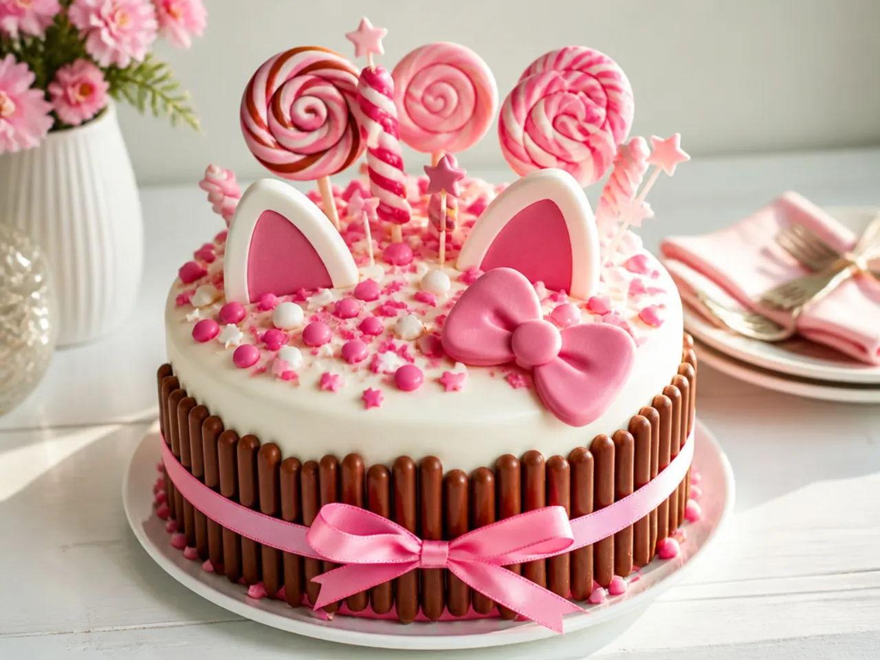 Festive candy-covered Hello Kitty cake idea with lollipops and chocolate fingers