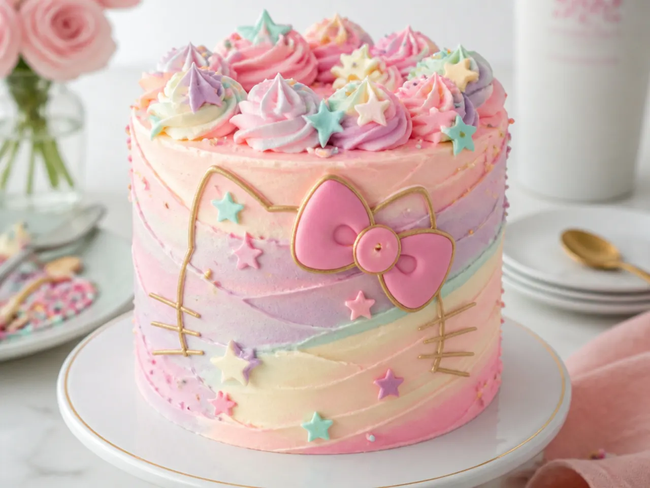 Whimsical pastel swirl Hello Kitty cake with star sprinkles and bow topper