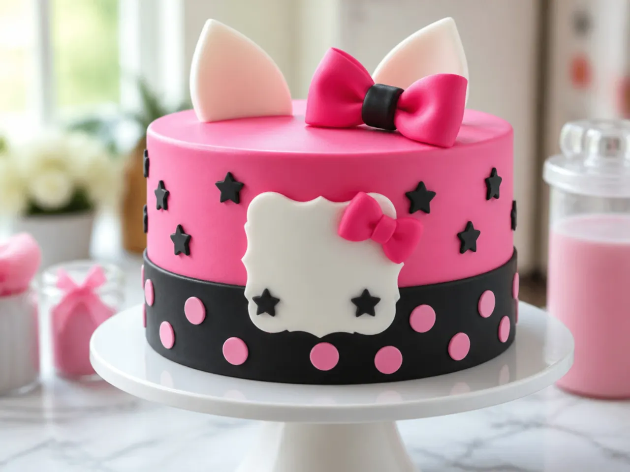Bold pink and black Hello Kitty cake idea with polka dot fondant band