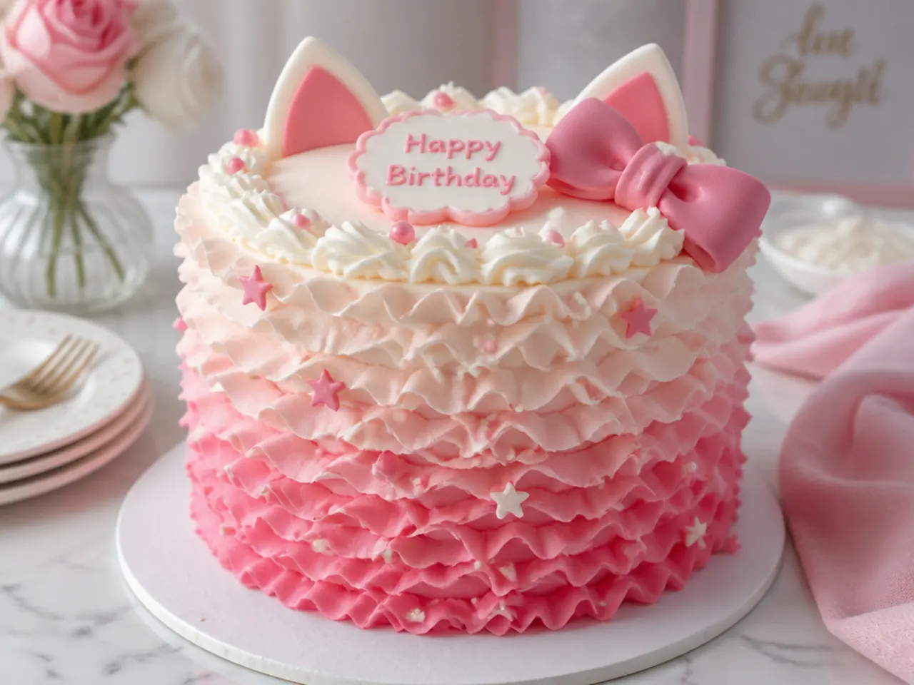 Delicate ruffled buttercream Hello Kitty birthday cake in ombre pink