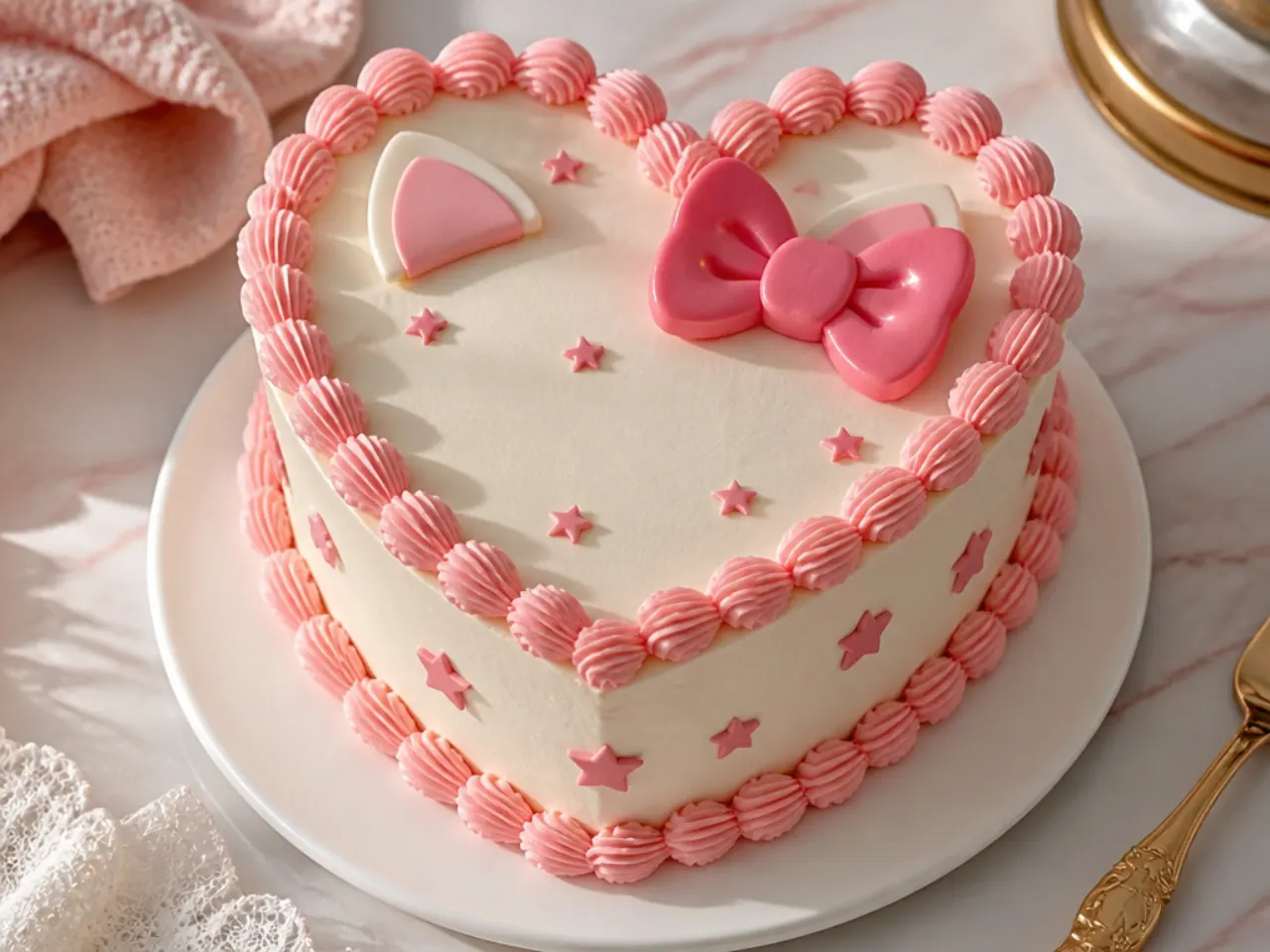 Vintage heart-shaped Hello Kitty cake idea with piped shell borders