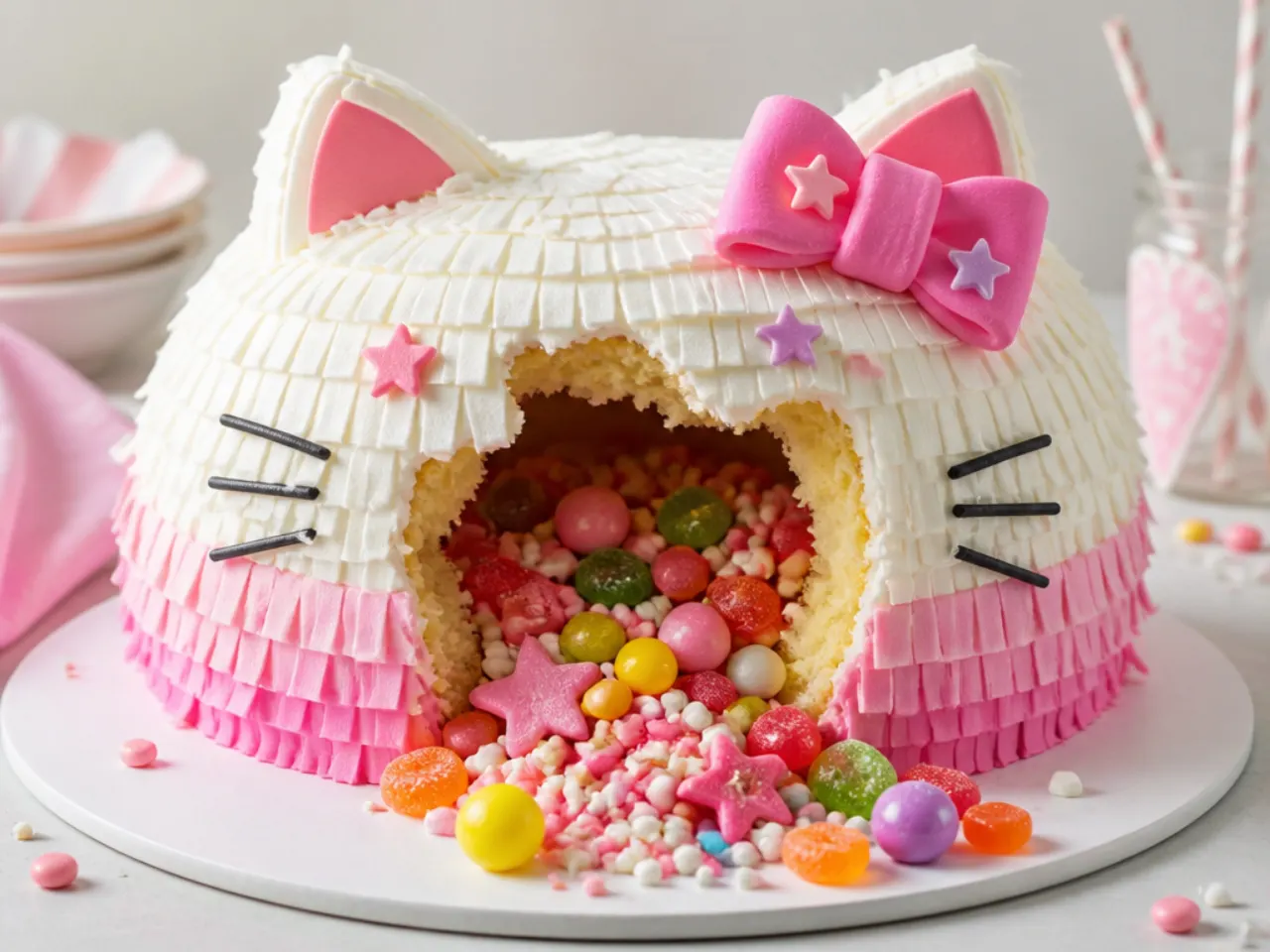 Creative pinata surprise Hello Kitty cake with hidden sweets inside