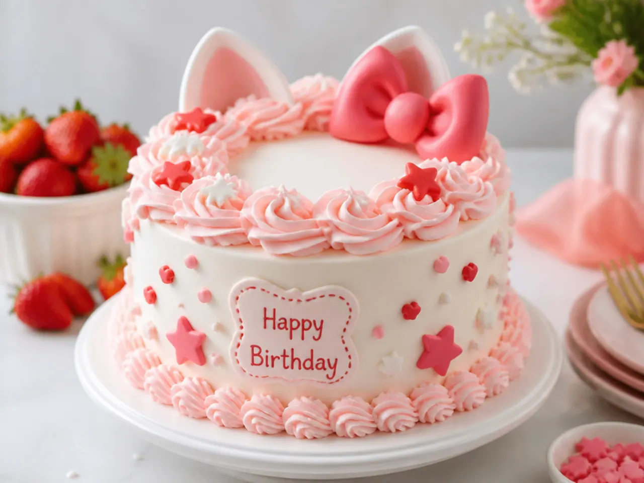Charming strawberry and cream Hello Kitty themed birthday cake