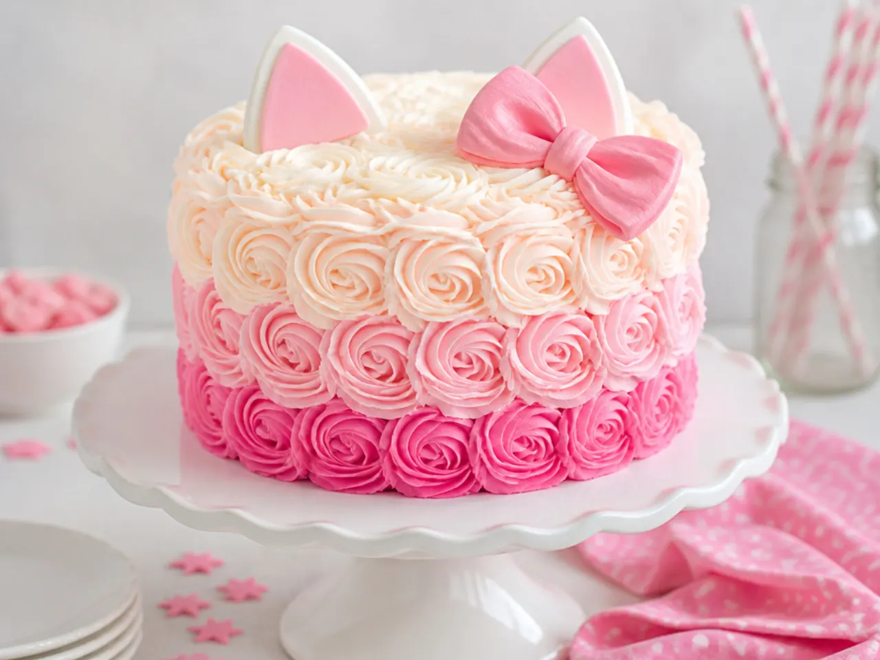 Ombre pink rosette Hello Kitty cake idea piped with Wilton 1M tip
