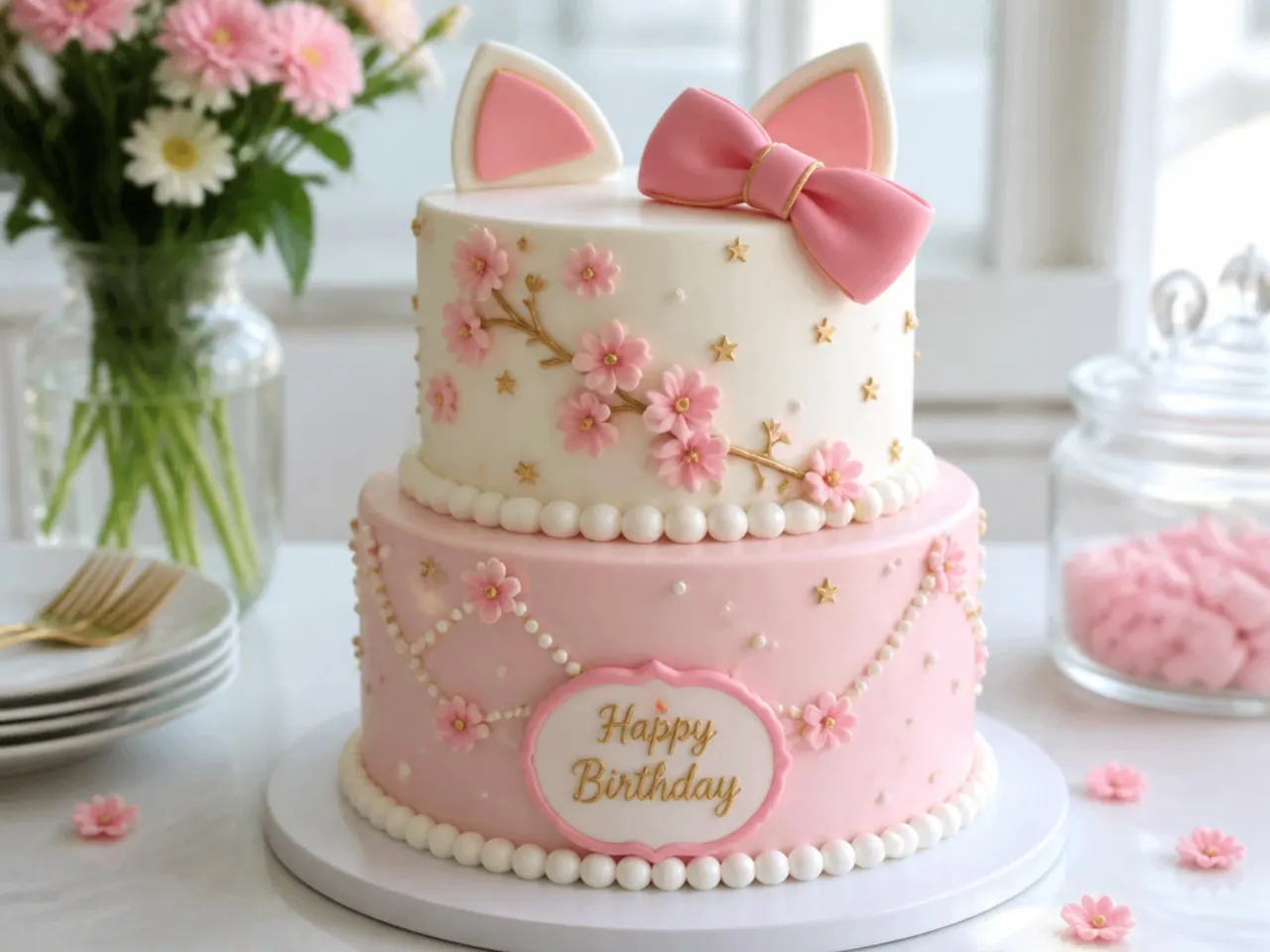 Elegant two-tier Hello Kitty birthday cake with pearls and blossoms