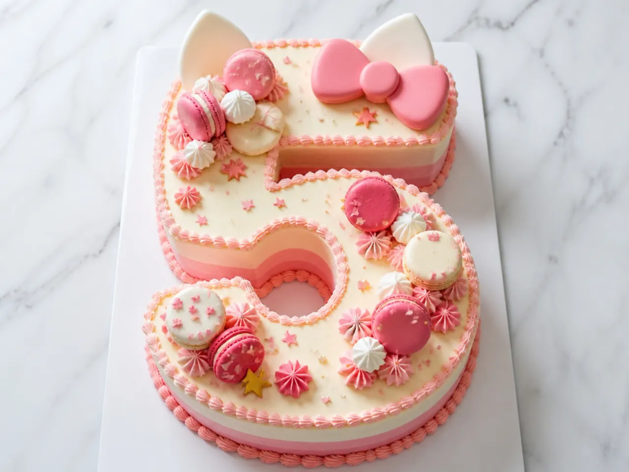 Playful number-shaped Hello Kitty cake idea topped with macarons and sweets
