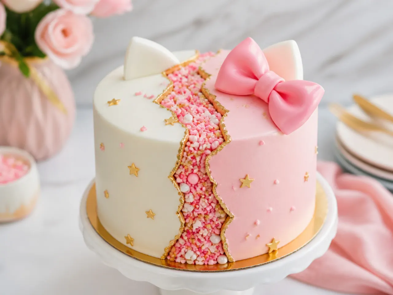 Modern fault line Hello Kitty cake with pink sprinkle seam and gold edges