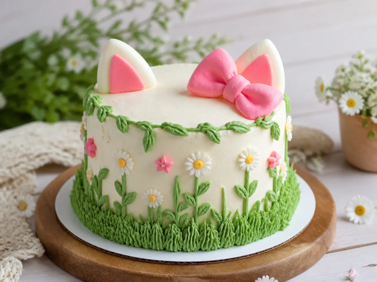 Rustic garden-themed Hello Kitty cake idea with piped grass and daisies