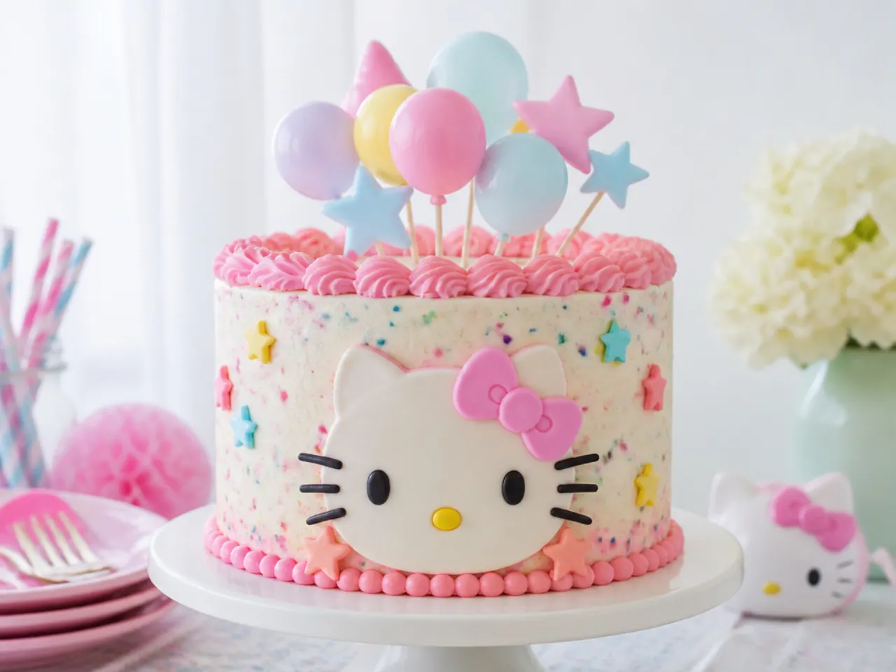 Colourful funfetti Hello Kitty birthday cake with balloon cluster topper