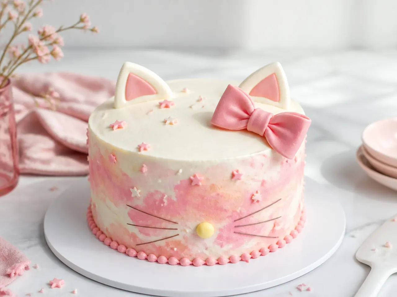 Minimal watercolour buttercream Hello Kitty cake in pink and peach tones