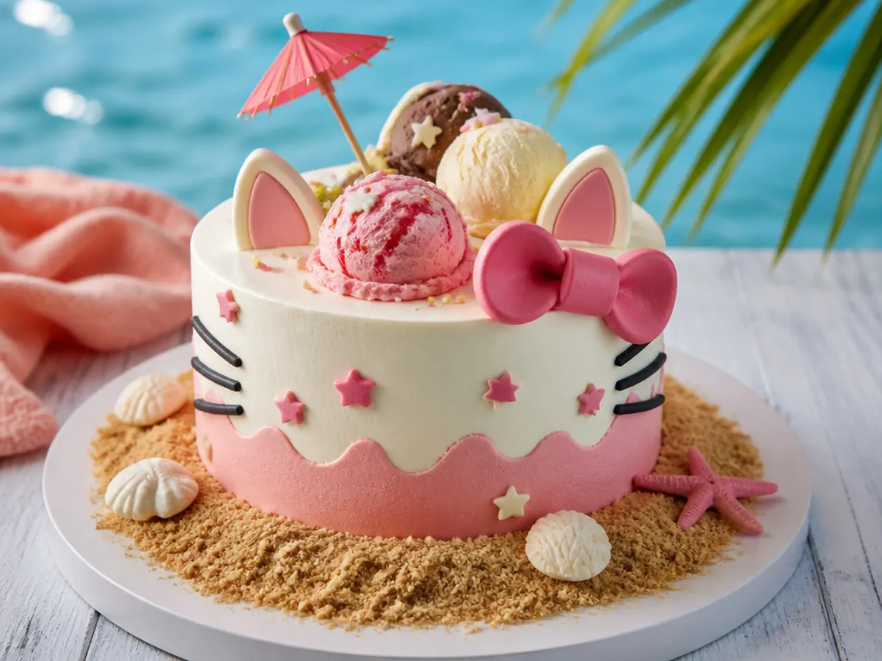 Festive seaside ice cream Hello Kitty cake idea with biscuit sand and parasol