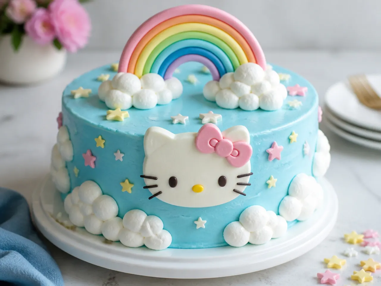 Whimsical cloud and rainbow Hello Kitty cake with sky blue frosting
