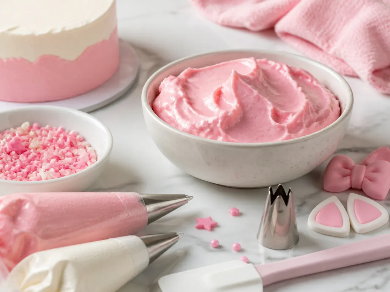 Decorating tools and pink buttercream for easy Hello Kitty cake ideas