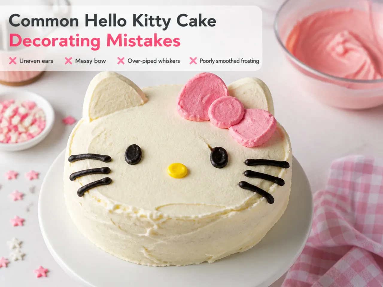 Common Hello Kitty cake decorating mistakes shown with buttercream examples