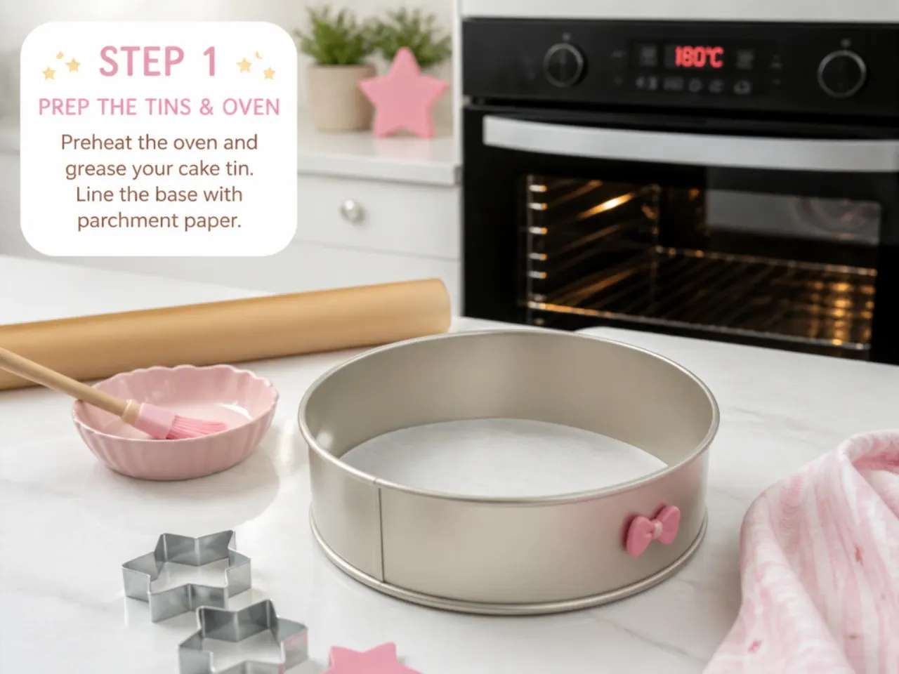 hello kitty cake topper — step 1: prep the tins and oven