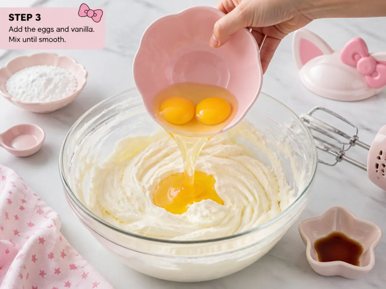 hello kitty cake topper — step 3: add the eggs and vanilla