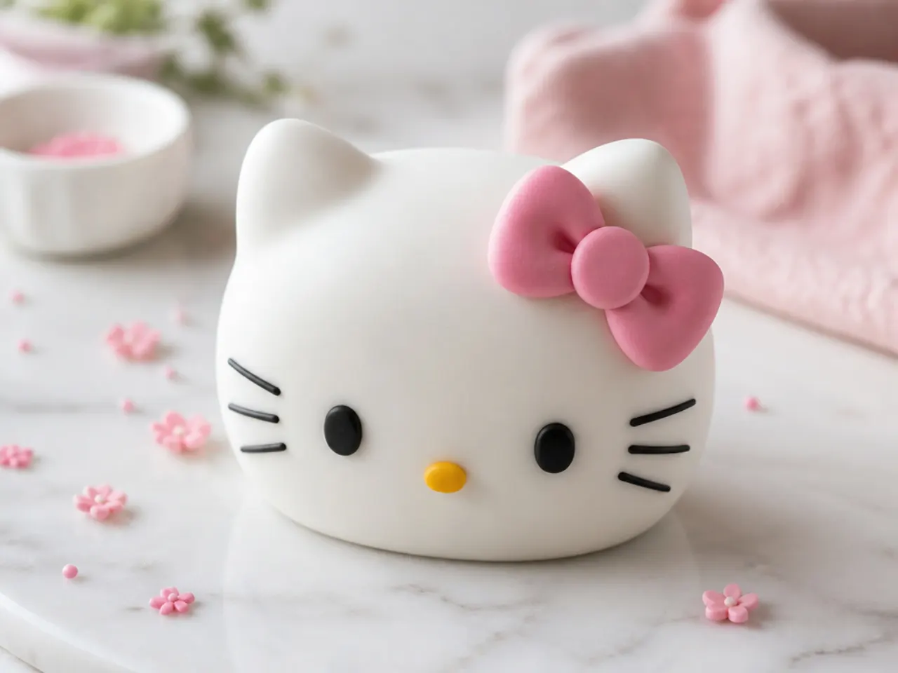 White fondant Hello Kitty cake topper with a pink bow made using a plunger cutter