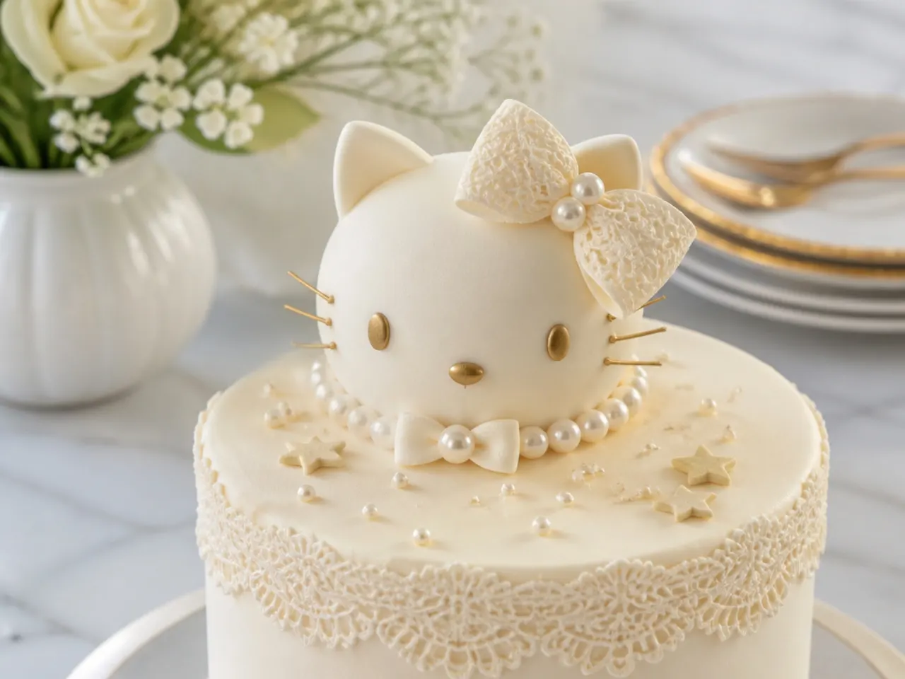 Elegant ivory Hello Kitty cake topper with lace-embossed bow and edible pearls