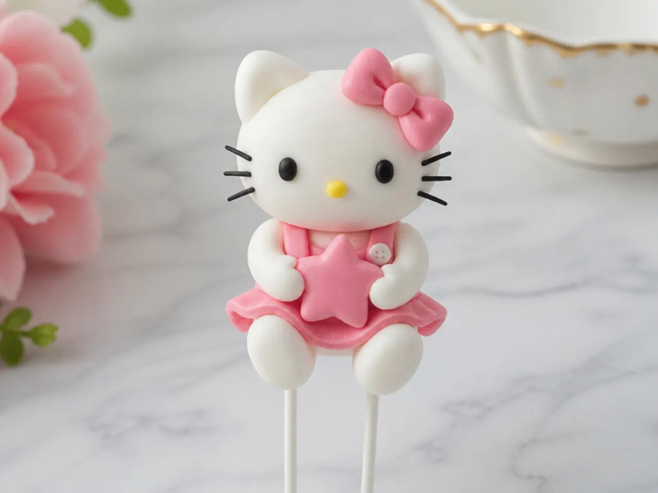 Playful 3D sitting Hello Kitty fondant figure supported on skewers for a birthday cake