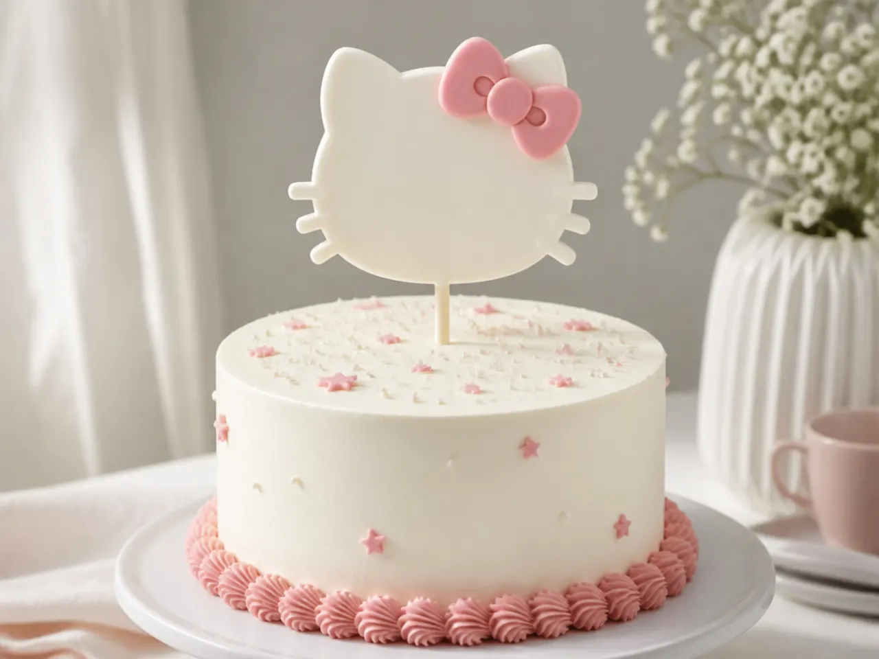 Modern minimalist white Hello Kitty silhouette cake topper with a single accent bow