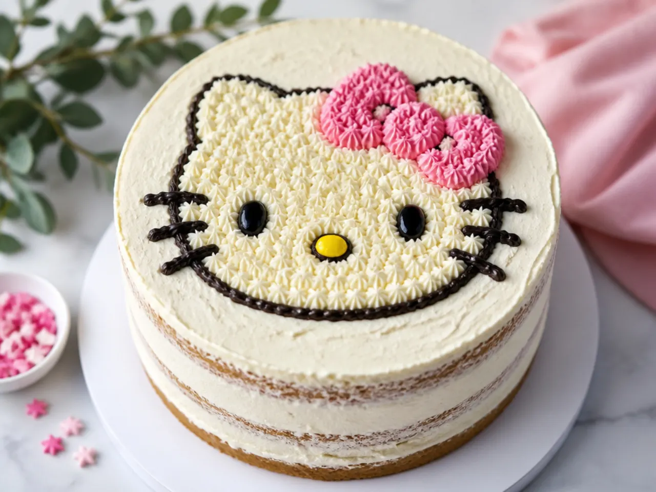 Rustic buttercream-piped Hello Kitty face on a semi-naked vanilla cake