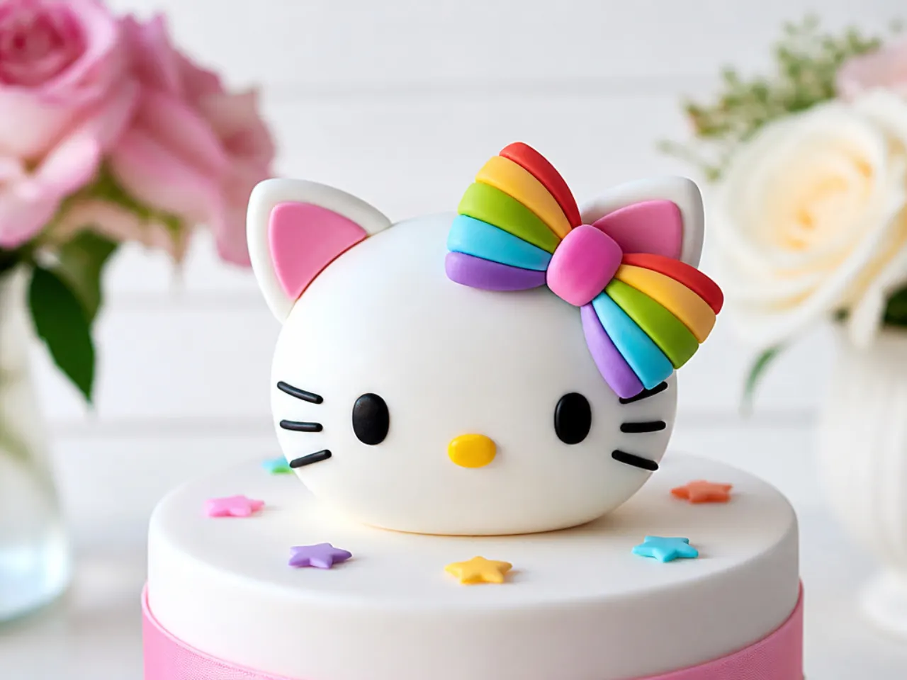 Colorful Hello Kitty cake topper with a rainbow-striped fondant bow
