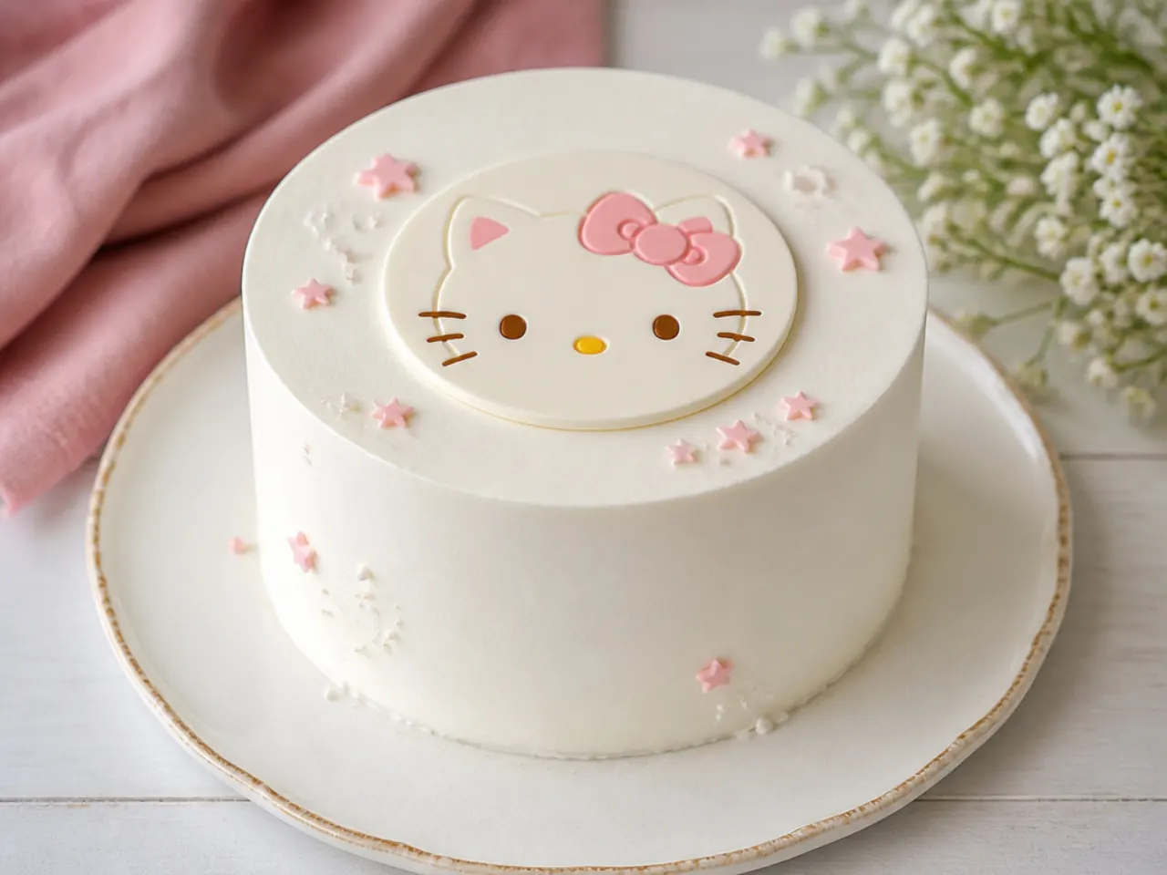 Minimal edible-print Hello Kitty cake topper cut into a neat circle