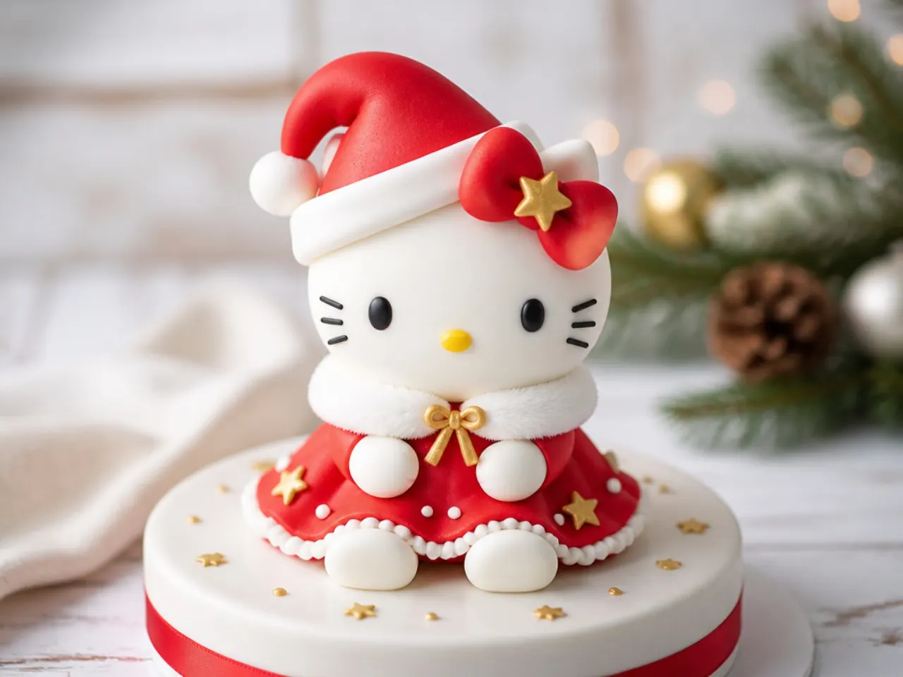 Festive Christmas Hello Kitty cake topper wearing a small fondant Santa hat