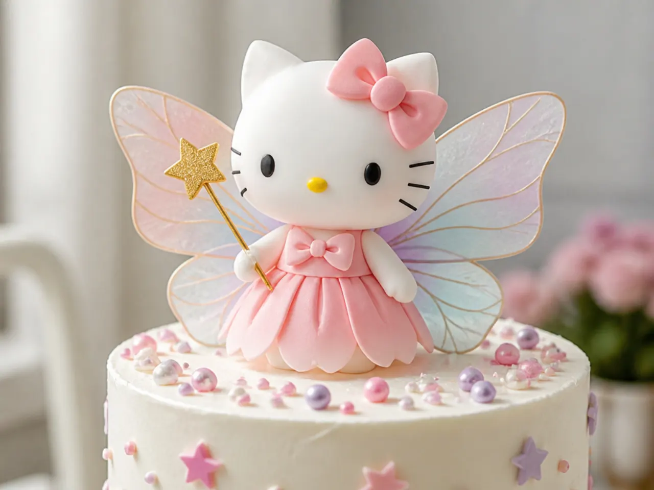 Whimsical fairy Hello Kitty cake topper with pastel wafer-paper wings and a star wand