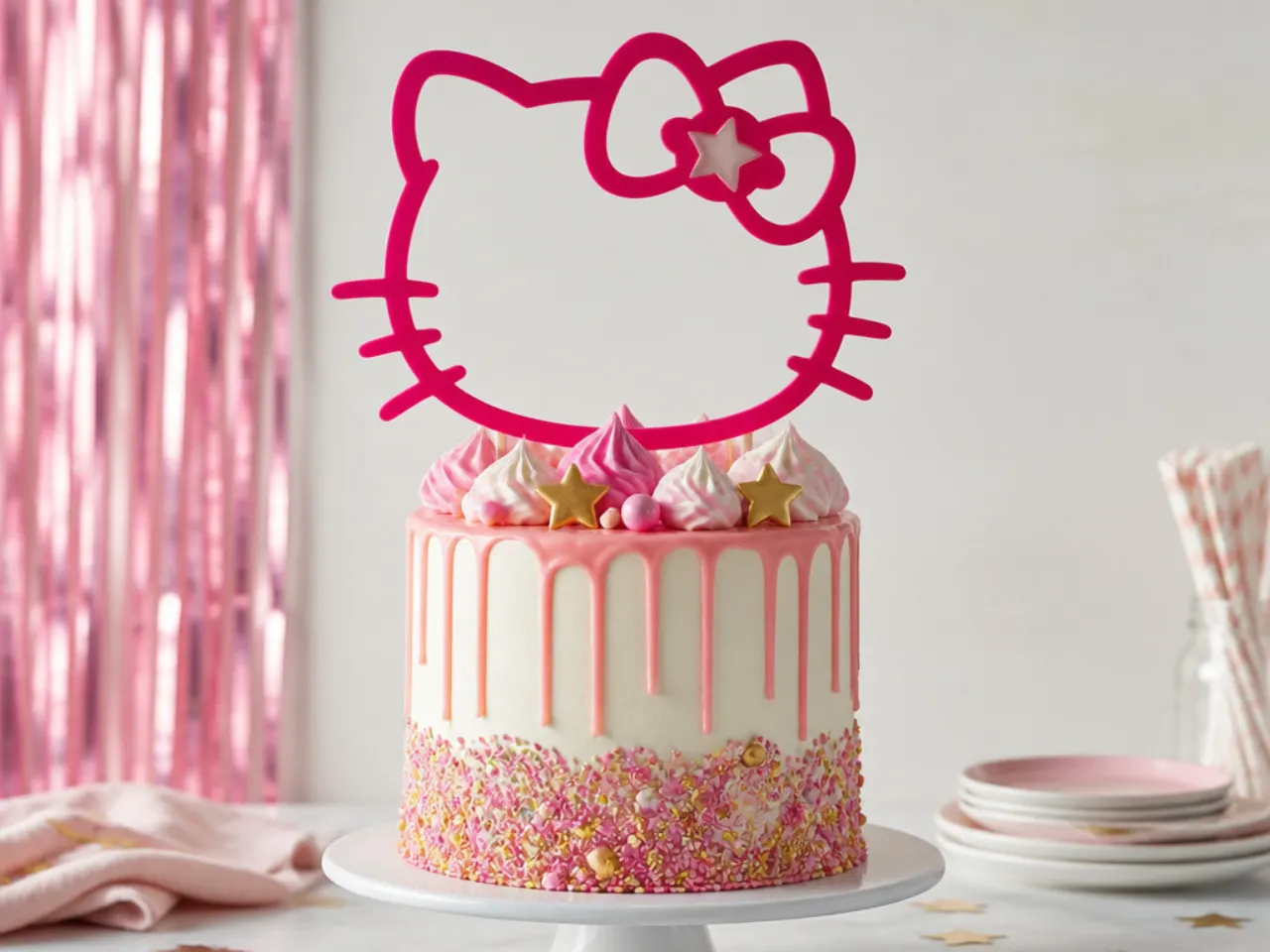 Bold oversized hot-pink Hello Kitty cake topper making a statement on a tall cake