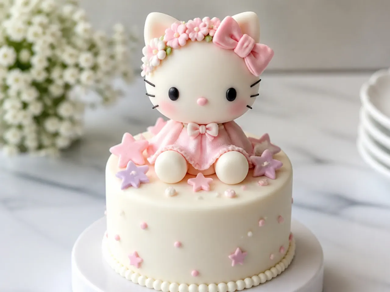 Delicate pastel Hello Kitty cake topper wearing a crown of tiny sugar flowers