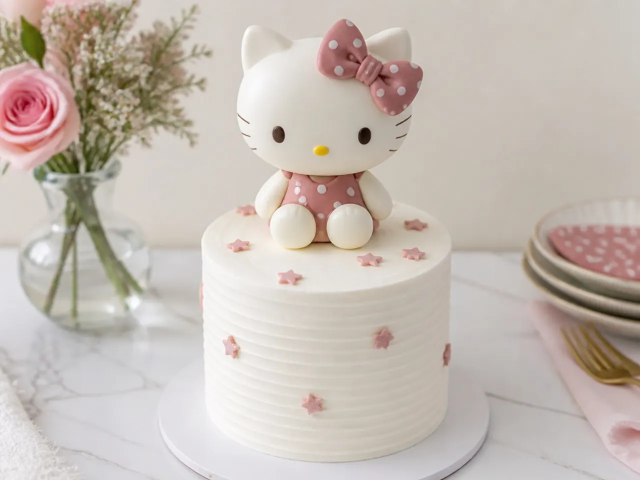 Vintage Hello Kitty cake topper with a dusty-rose polka-dot bow in muted tones