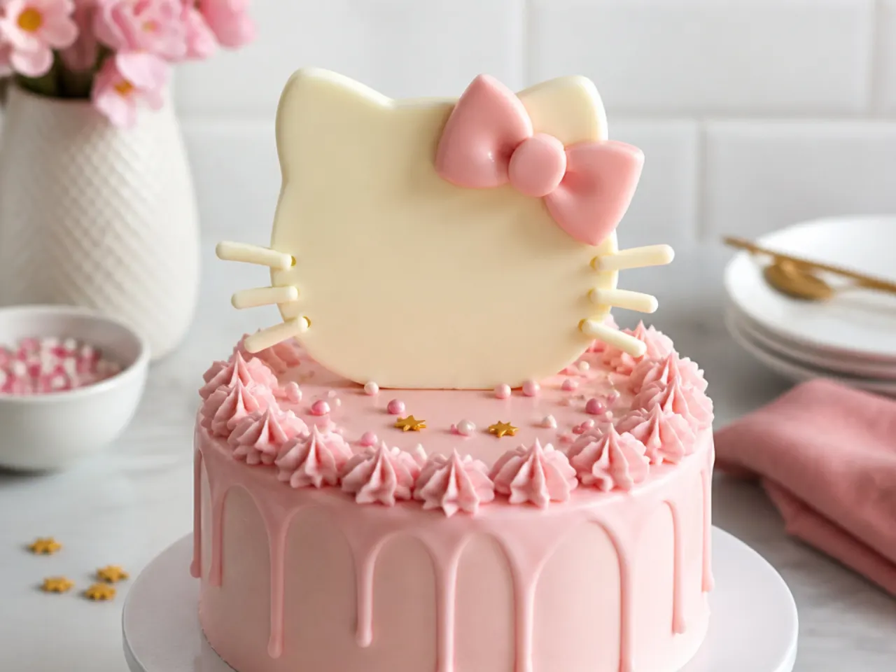 Creative white chocolate Hello Kitty silhouette cake topper with a pink candy bow