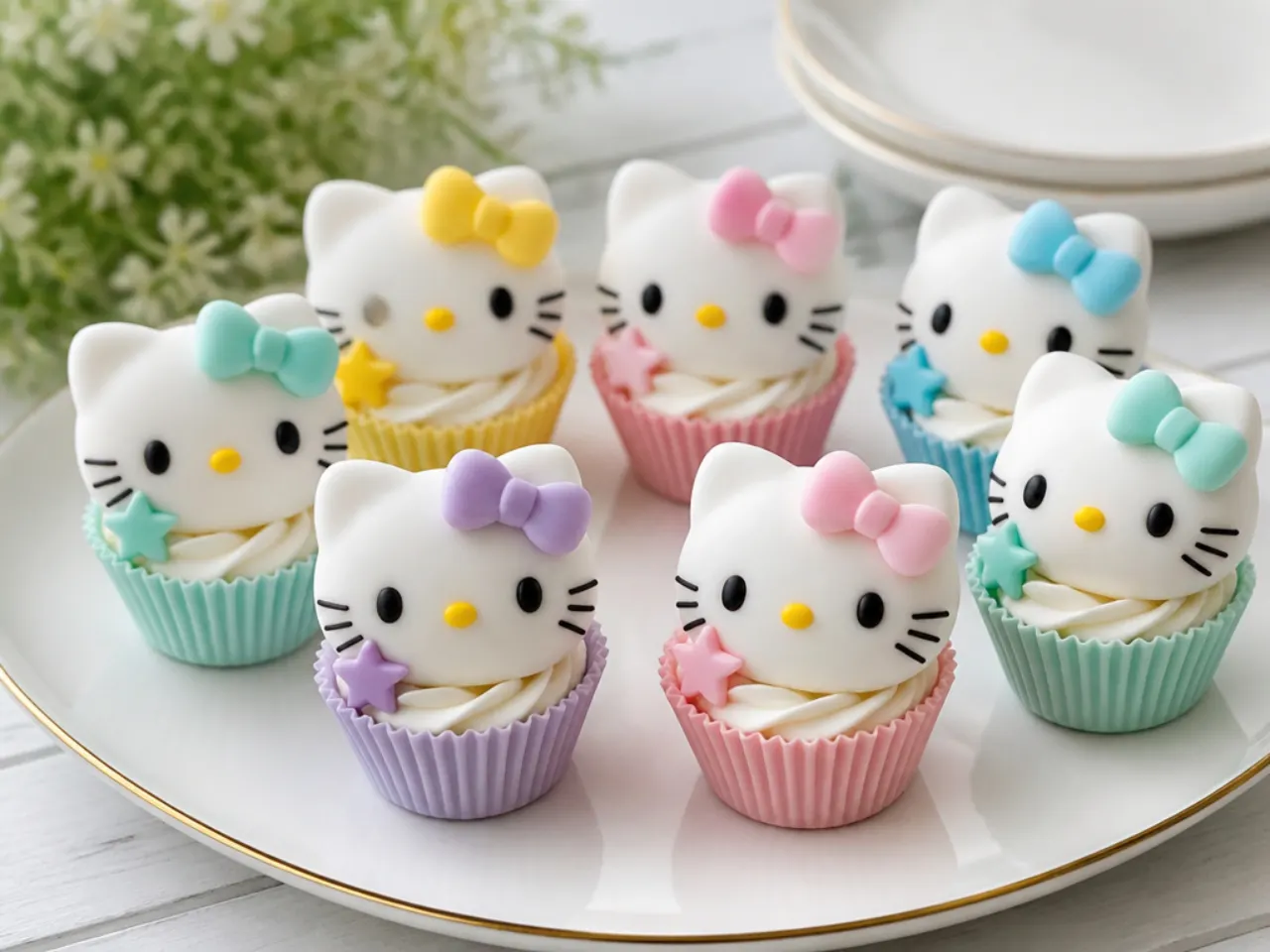 Charming set of mini Hello Kitty cupcake toppers with different pastel bows