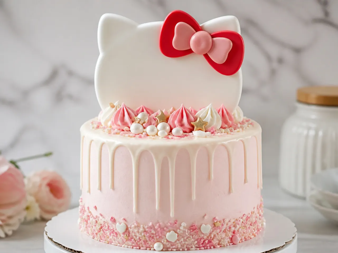 Classic Hello Kitty cake topper with a layered two-tone red bow