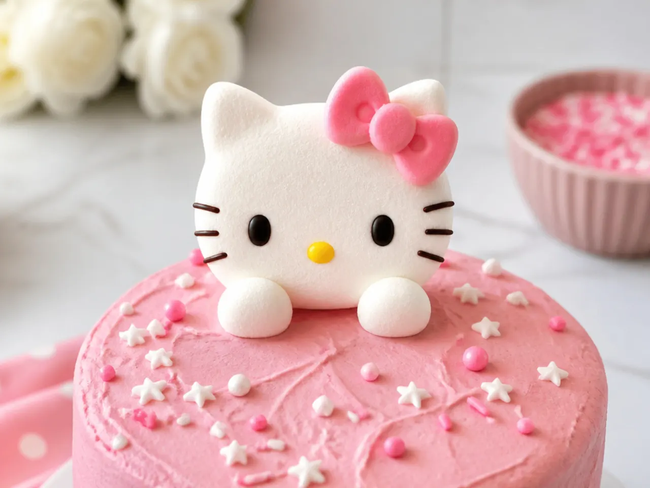 Easy no-fondant Hello Kitty cake topper made from a marshmallow and candy