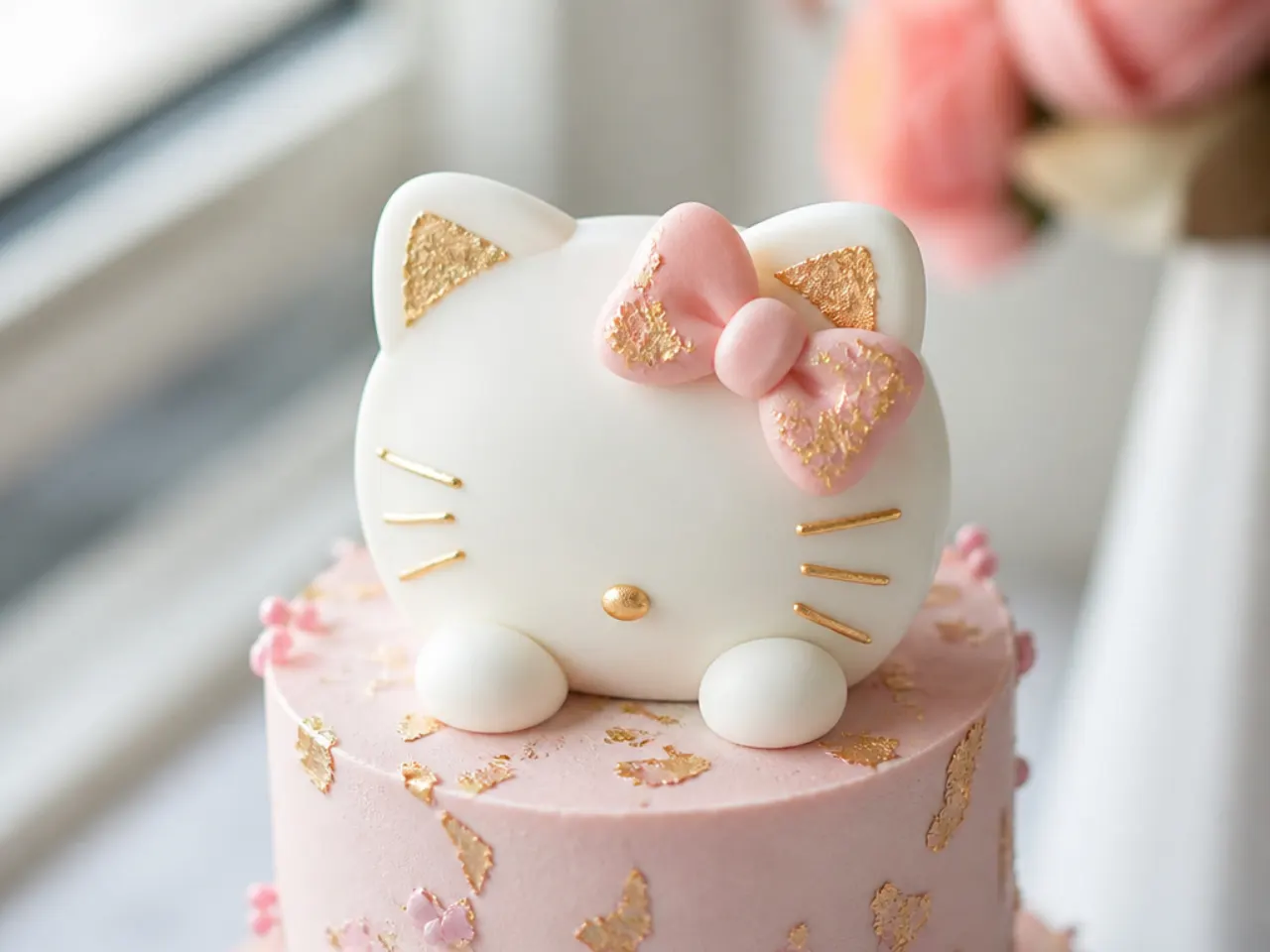 Elegant white Hello Kitty cake topper accented with edible gold leaf on the bow and ears