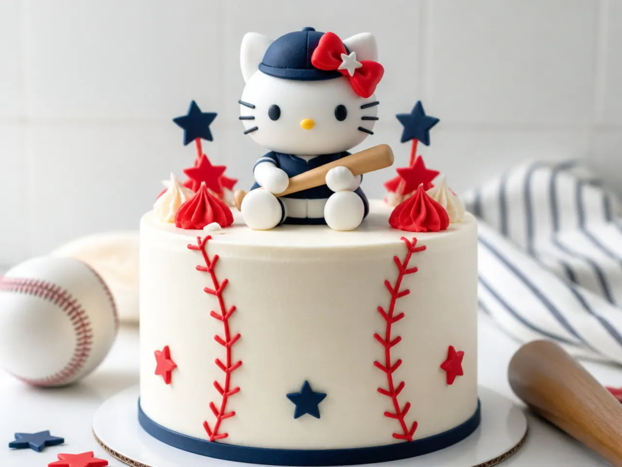 Playful sports-themed Hello Kitty cake topper with a team-colored bow