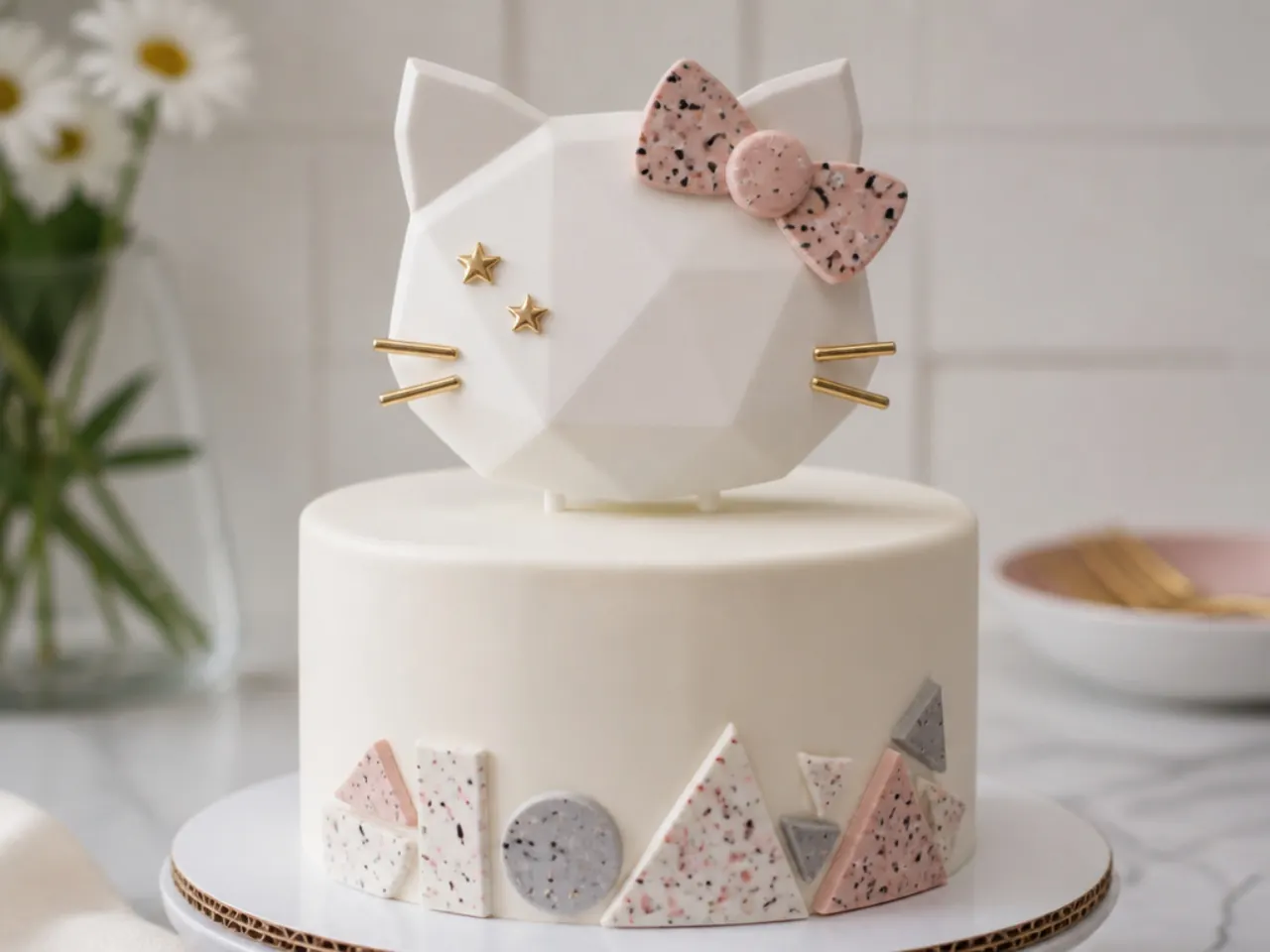 Modern geometric Hello Kitty cake topper with a terrazzo-speckled fondant bow