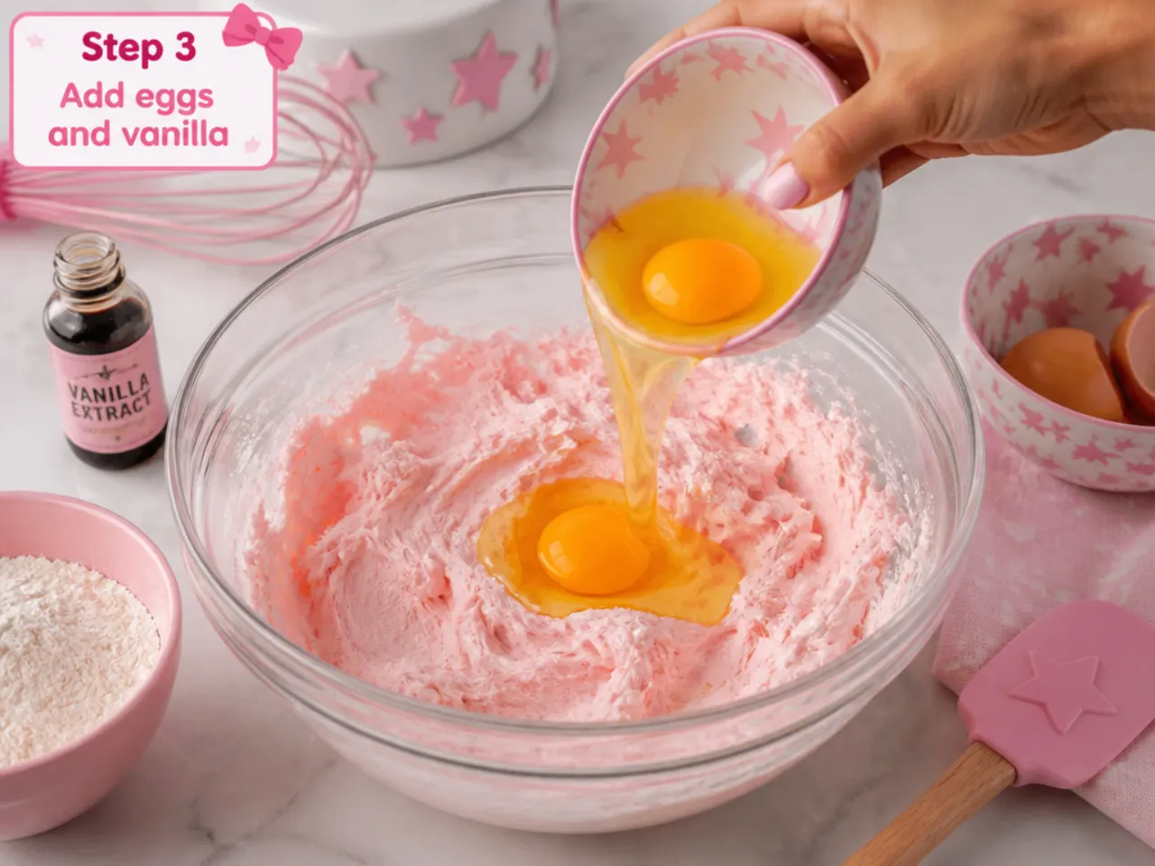 hello kitty cake vs bakery — step 3: add eggs and vanilla