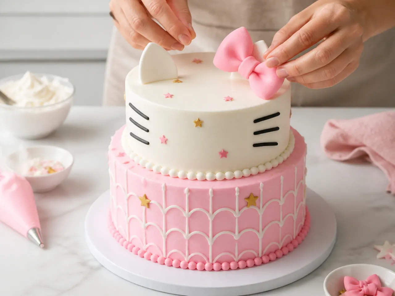 hello kitty cake vs bakery — step 7: stack and decorate