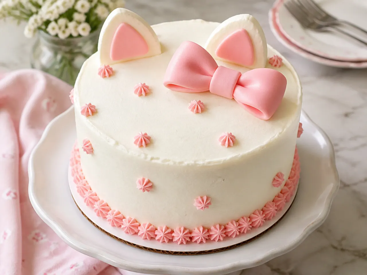 Homemade Hello Kitty inspired cake with white buttercream, pink bows and star piping