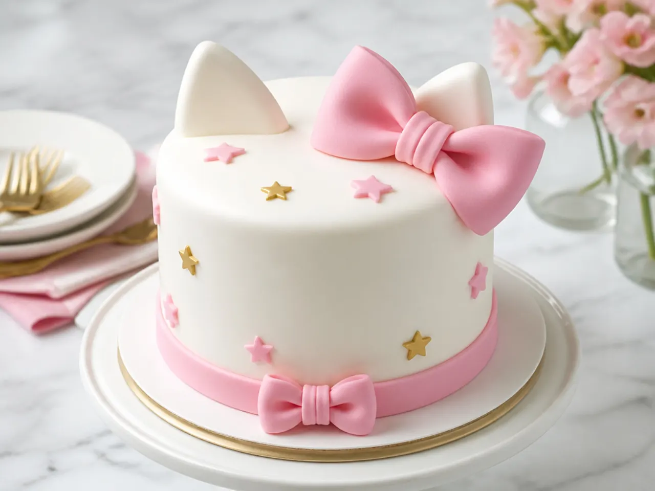Bakery Hello Kitty cake with smooth fondant finish and sculpted bow on a display stand
