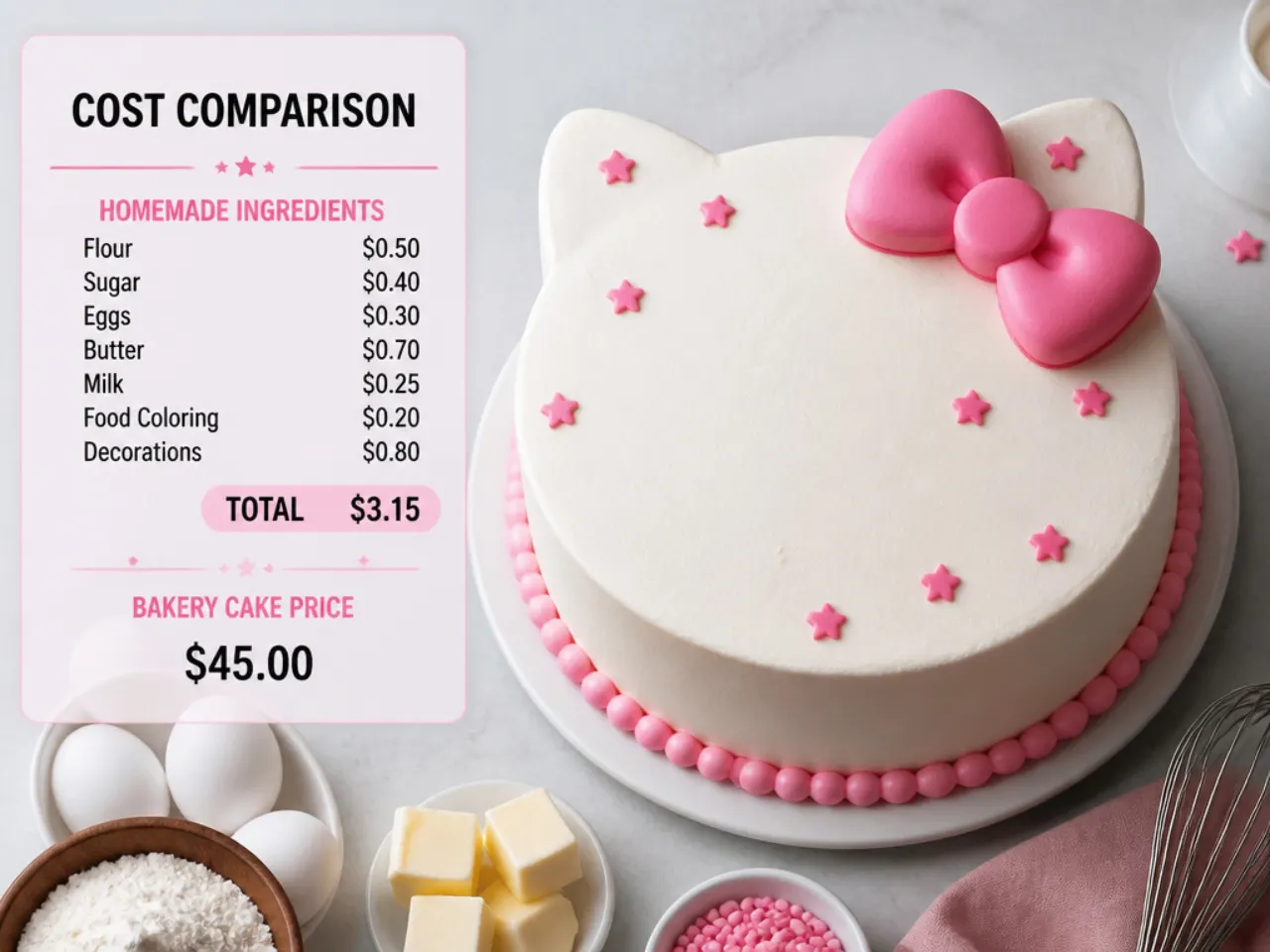 Cost comparison of homemade Hello Kitty cake ingredients versus a bakery cake price tag