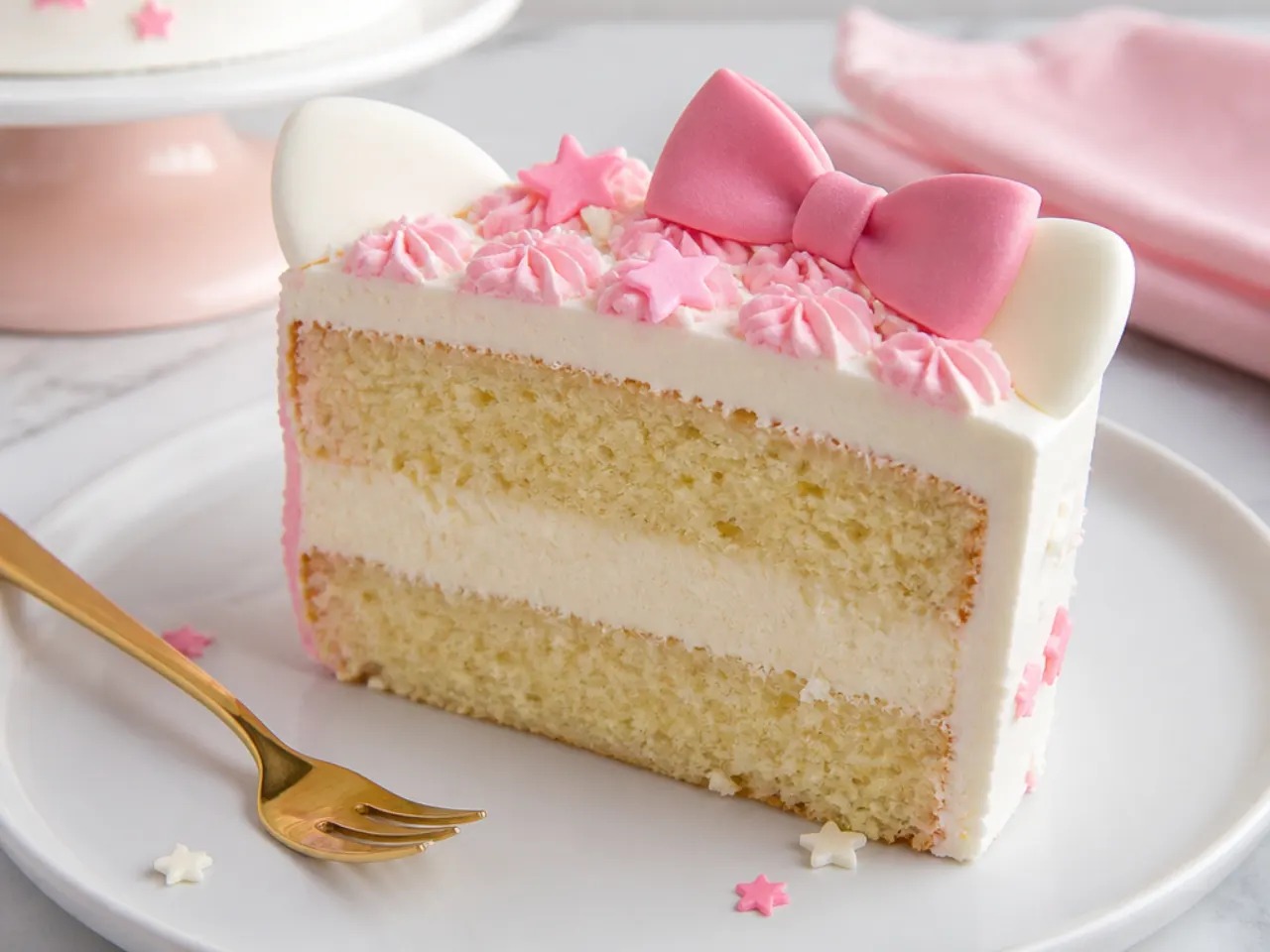 Slice of homemade Hello Kitty cake showing moist vanilla crumb and creamy buttercream