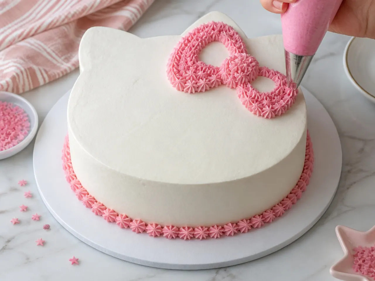 Decorating a homemade Hello Kitty cake by piping pink buttercream bows with a star tip