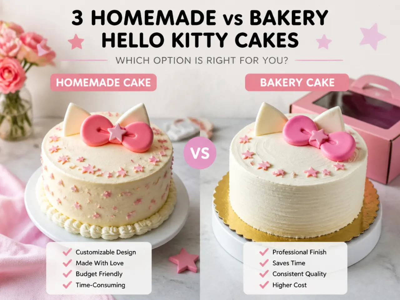 Hello Kitty cake vs bakery decision guide showing homemade and store-bought cake options side by side