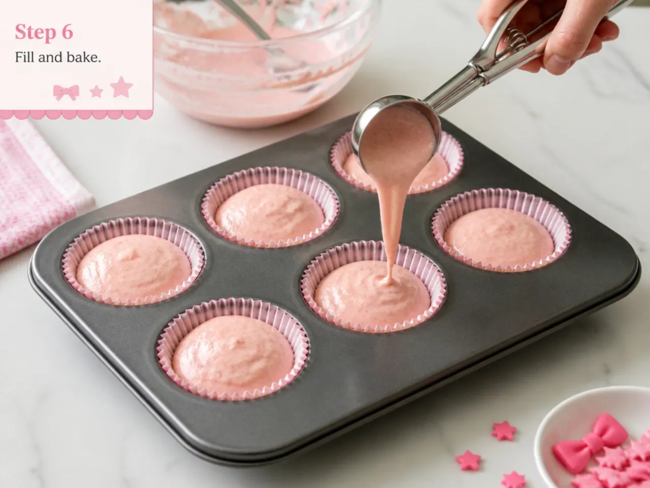 hello kitty cupcakes — step 6: fill and bake